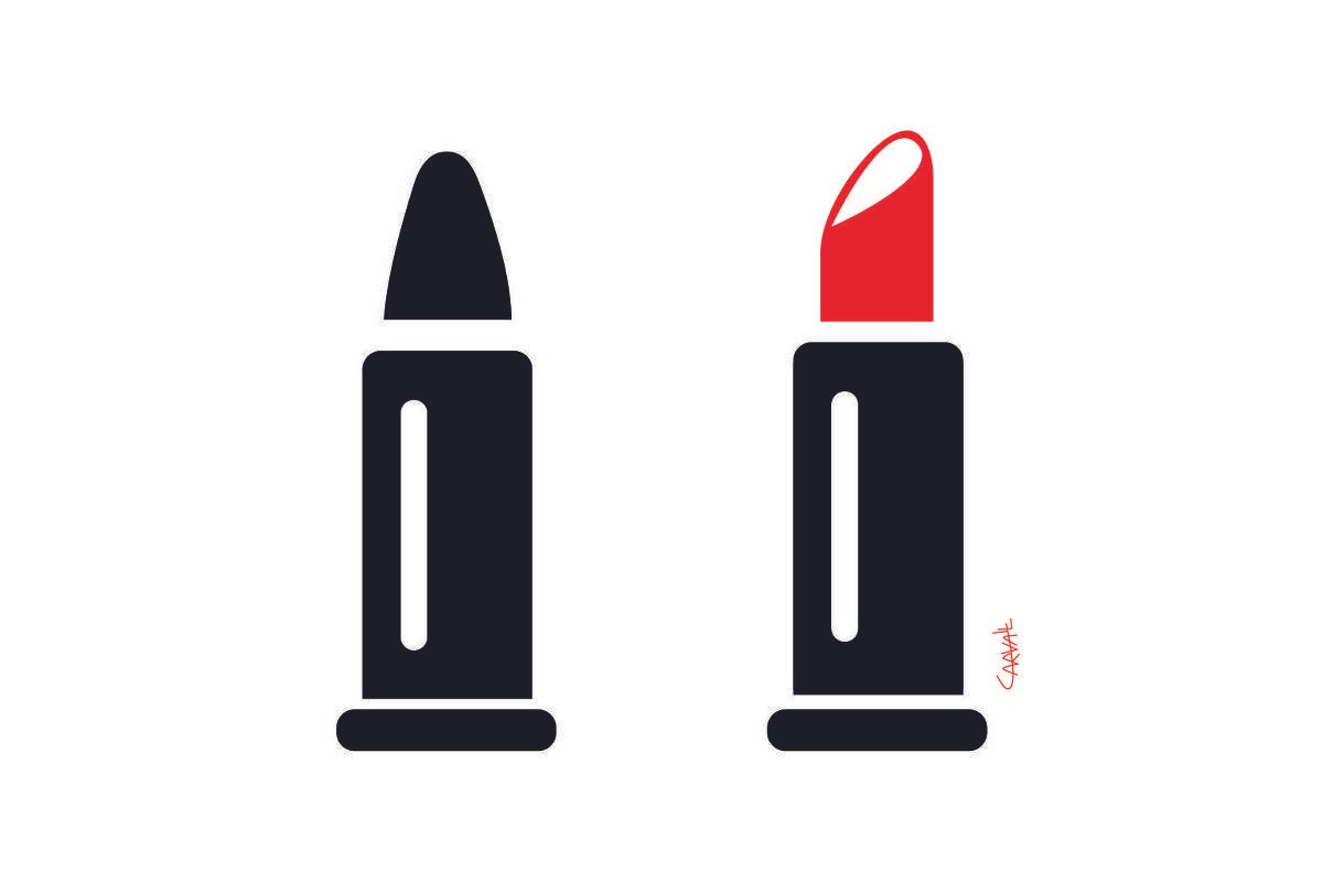 Ilustração vetorial em preto e vermelho de uma bala de revólver ao lado de um batom