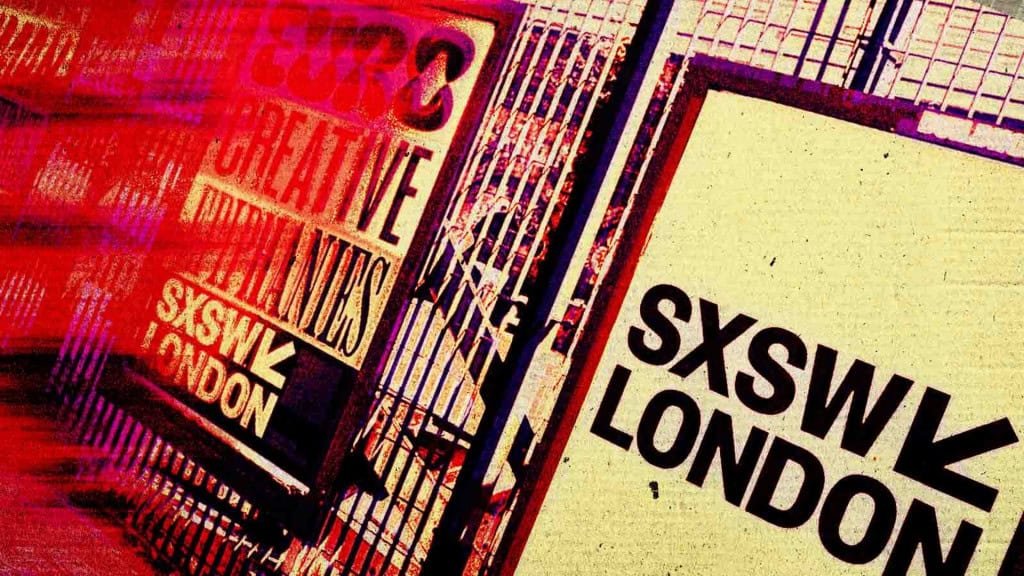 Placas do SXSW London em rua de Londres