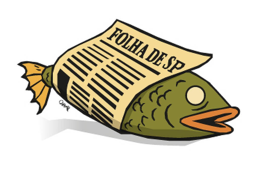 A imagem mostra um peixe estilizado envolto em um jornal. O jornal tem o título