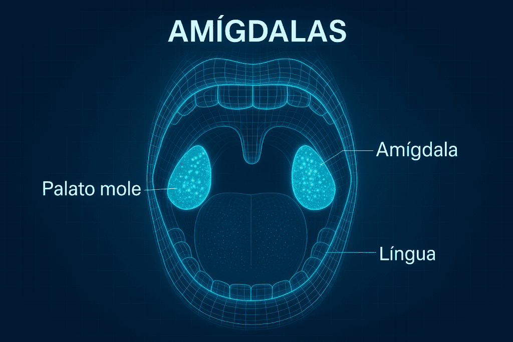 imagem identificando amígdalas e outras partes da boca