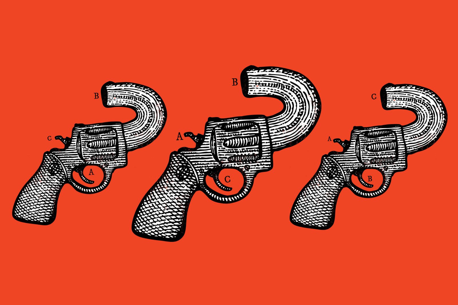 Três desenhos detalhados de revólveres alinhados horizontalmente sobre fundo vermelho. Cada arma tem o cano curvado para cima em formato de gancho, com letras A, B e C indicando partes distintas do mecanismo.