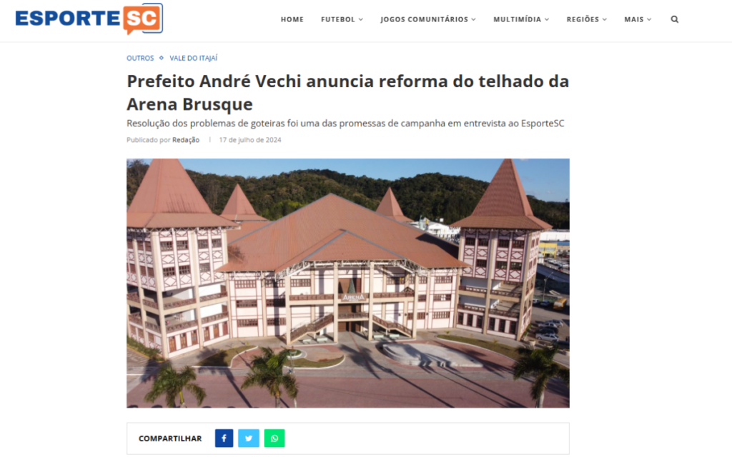 Após acidente na quadra e repercussão, Prefeitura anuncia reforma do telhado da Arena Brusque — mas outros problemas seguem sem solução