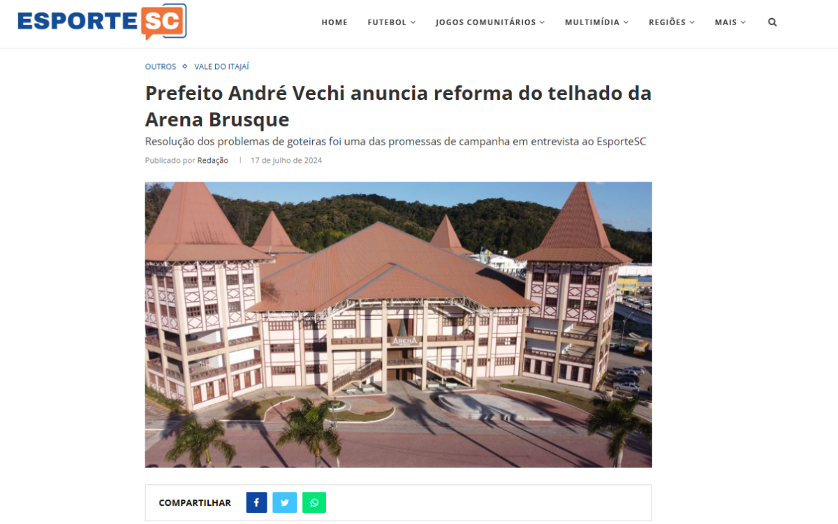 Após acidente na quadra e repercussão, Prefeitura anuncia reforma do telhado da Arena Brusque — mas outros problemas seguem sem solução