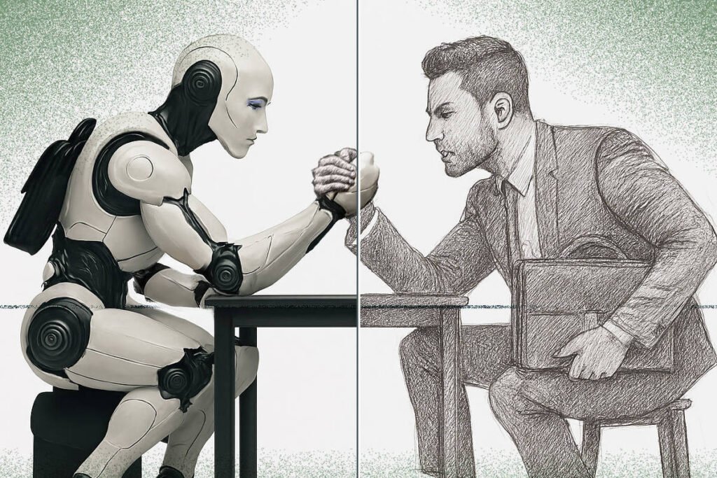 A ilustração está dividida verticalmente em duas metades. À esquerda, um robô humanoide moderno aparece sentado em um banco baixo, curvado sobre uma mesa, com os braços musculosos e metálicos estendidos para um duelo de queda de braço. O robô é branco com detalhes pretos e tem formas futuristas, lembrando uma figura atlética e poderosa. Sua expressão é séria e concentrada.    À direita, um homem de terno e gravata, desenhado em traço preto e branco como um esboço a lápis, está sentado de maneira espelhada ao robô. Ele segura uma pasta executiva com a mão esquerda e trava a queda de braço com a direita, também com expressão determinada e intensa.    A cena mostra um embate simbólico entre tecnologia (IA) e ser humano. O chão tem um leve tom esverdeado, e ao fundo há um gradiente verde que destaca as figuras. No canto inferior direito, está a assinatura do artista Amarildo acompanhada da inscrição +IA.