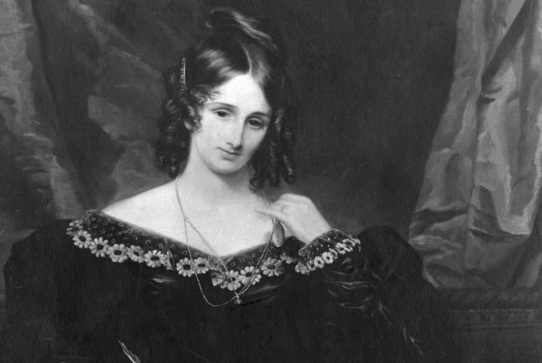 mary-shelley-autora-retrato-em-preto-e-branco-ilustração-clássica-romantismo