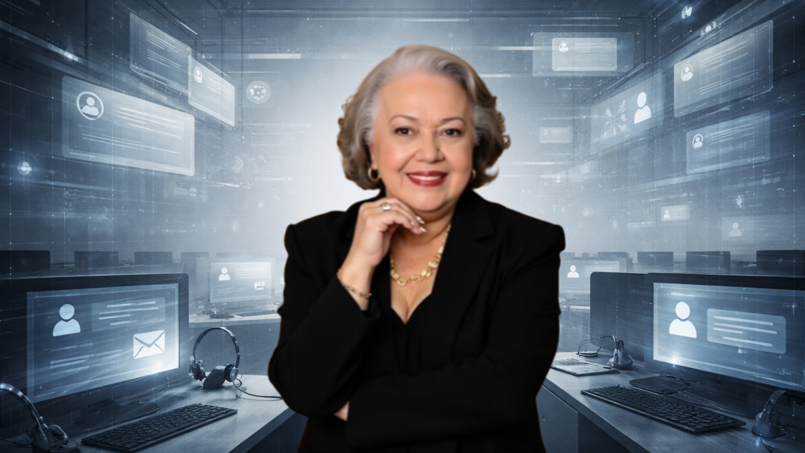 Mulher madura em destaque diante de um ambiente tecnológico impessoal, simbolizando o contraste entre presença humana e desumanização digital no atendimento.