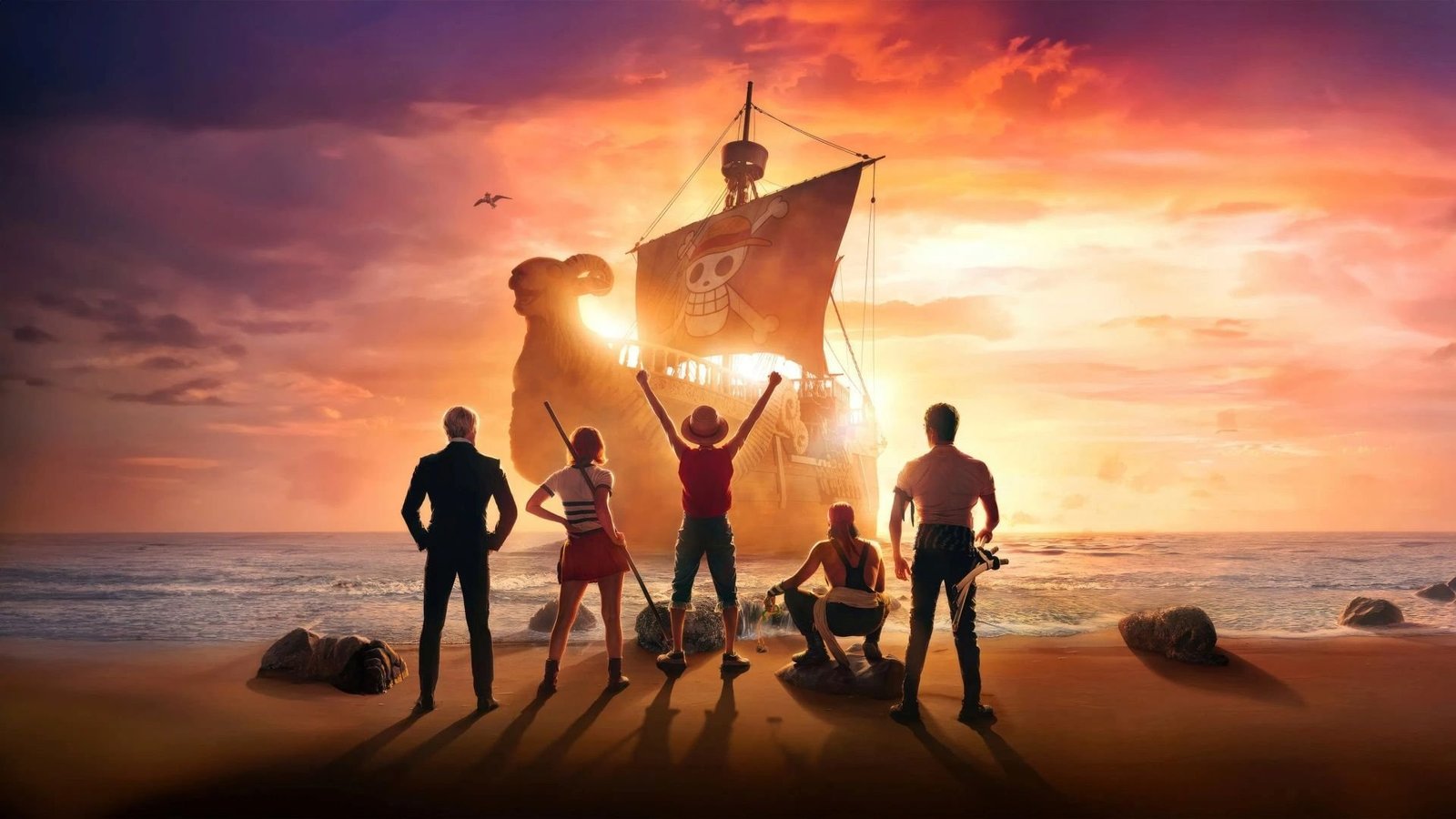 one-piece-live-action-tripulacao-chapeu-de-palha-navio-sunny-por-do-sol-aventura