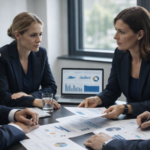 Executivos analisando relatórios e discutindo dados comportamentais em reunião corporativa