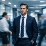 Executivo parado em ambiente corporativo enquanto pessoas ao redor passam em movimento acelerado