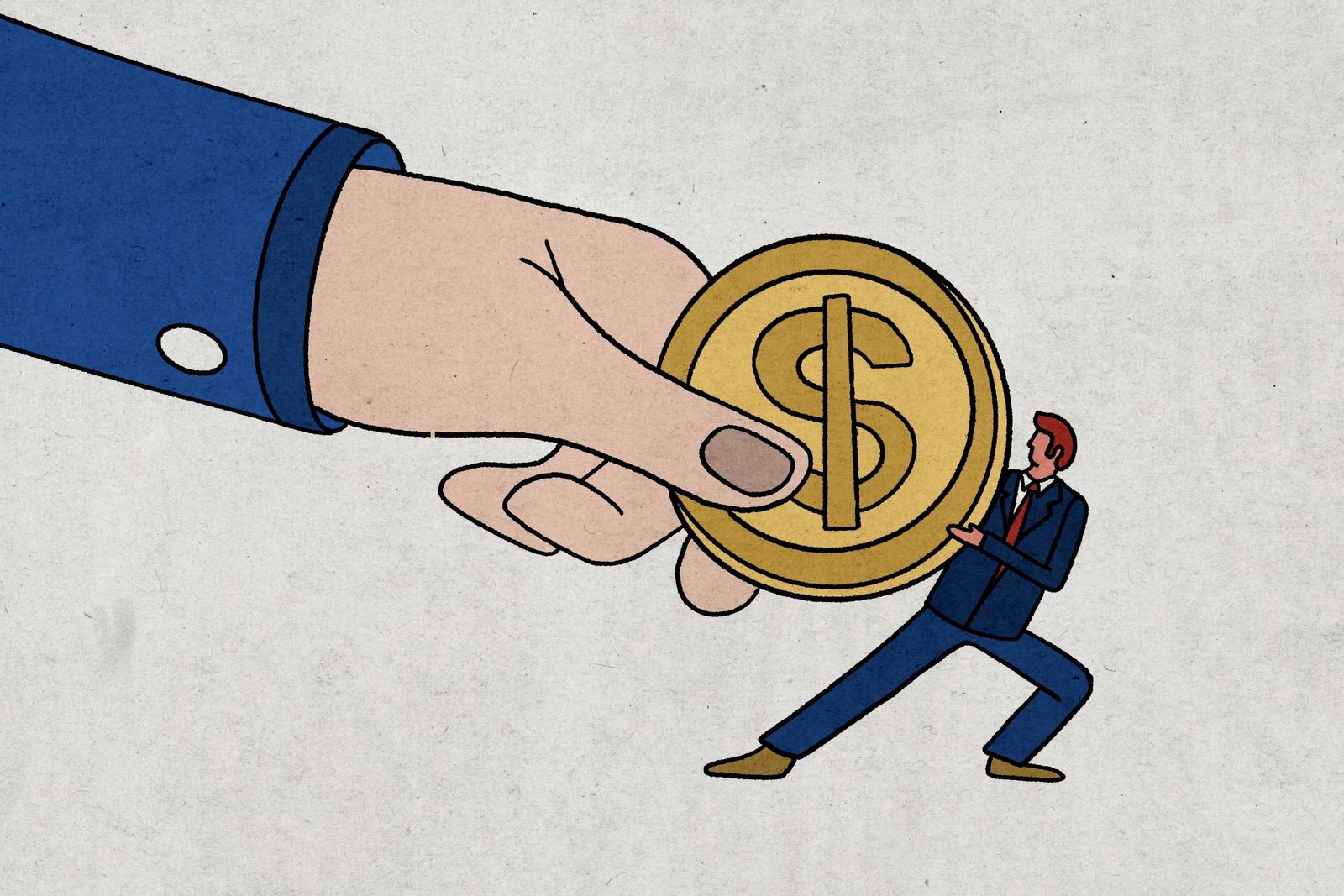Ilustração em fundo claro mostra uma grande mão segurando uma moeda dourada com símbolo de cifrão e entregando-a a um homem de terno azul. O homem, em posição inclinada e com as pernas abertas, segura a moeda como se estivesse sustentando ou recebendo um peso significativo. A cena sugere relação financeira, dependência ou impacto econômico.