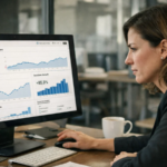 Executiva analisa dados de audiência em dashboard semelhante ao Google Analytics em ambiente de escritório corporativo