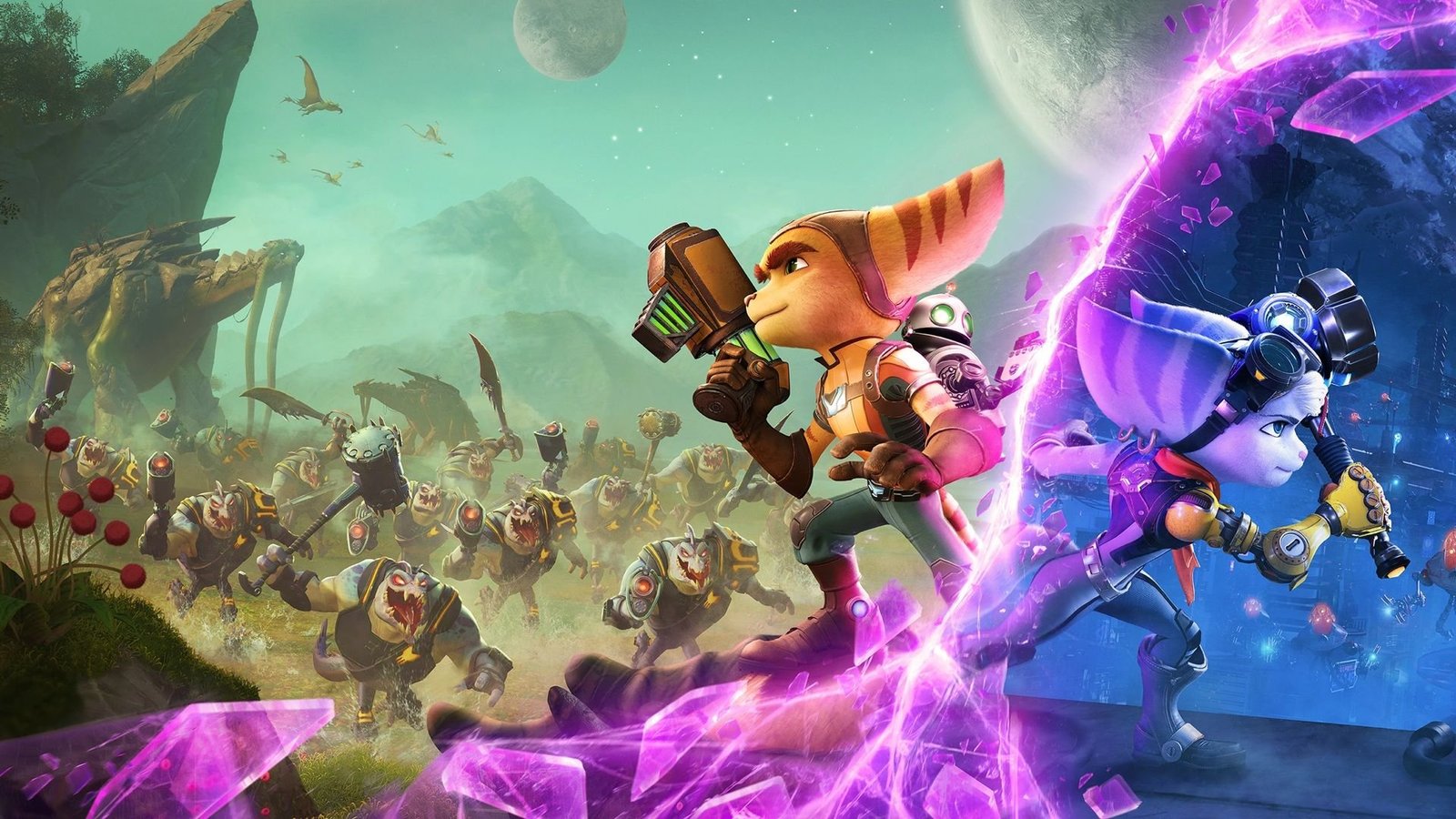 ratchet-and-clank-rift-apart-personagens-correndo-entre-dimensoes-portal-roxo-acao-futurista