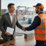 Executivo e transportador apertam as mãos em escritório com vista para pátio logístico com caminhões e contêineres, simbolizando acordo de transporte de cargas e gestão operacional