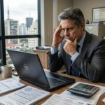 Empresário analisando documentos fiscais e planilhas no escritório diante de desafios da reforma tributária