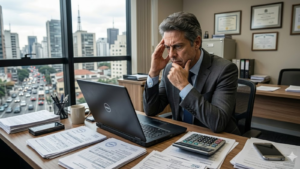 Empresário analisando documentos fiscais e planilhas no escritório diante de desafios da reforma tributária