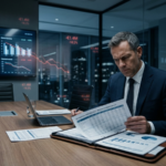 Executivo analisando relatórios financeiros em sala de reunião enquanto gráficos ao fundo indicam queda e prejuízos ocultos