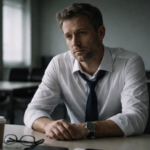 Executivo sozinho em sala de reunião vazia, com expressão pensativa e gravata afrouxada, refletindo sobre carreira e autoridade fora do ambiente corporativo