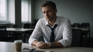 Executivo sozinho em sala de reunião vazia, com expressão pensativa e gravata afrouxada, refletindo sobre carreira e autoridade fora do ambiente corporativo