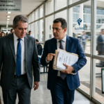 Advogado e empresário caminham em corredor de tribunal federal em meio ao debate sobre decisões do CARF, Receita Federal e segurança jurídica tributária.