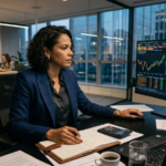 Executiva analisando dados financeiros em escritório corporativo moderno com gráficos de mercado em telas digitais