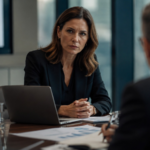 Mirella Franco durante reunião executiva analisando liderança, tomada de decisão e maturidade profissional em ambiente corporativo.